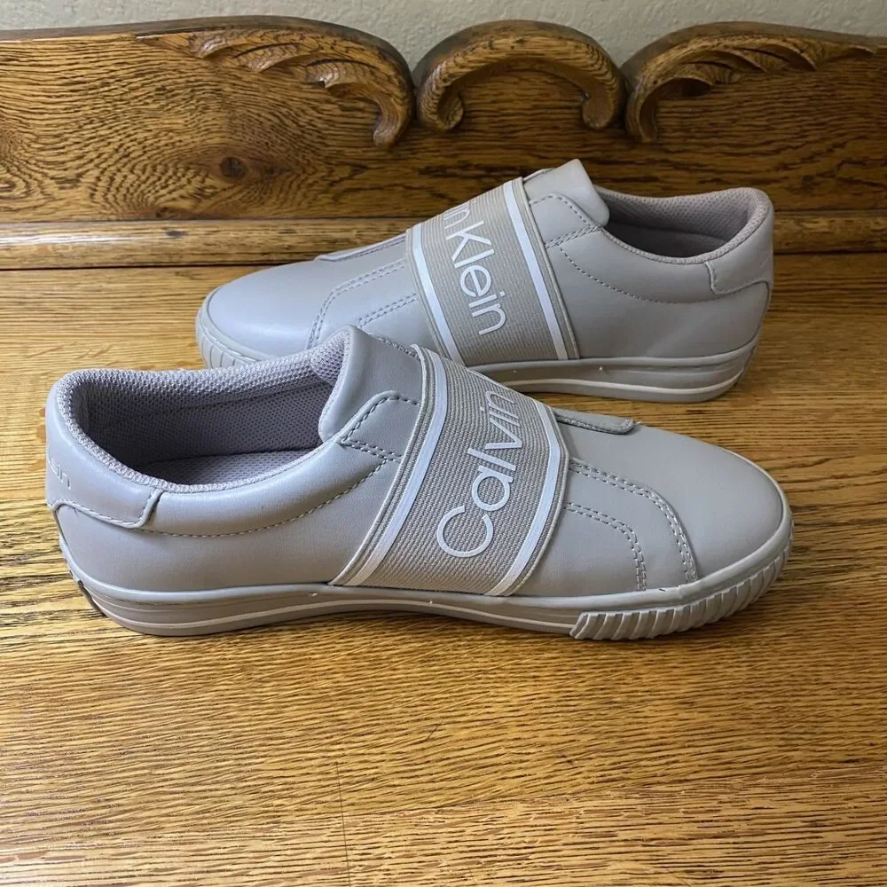 Calvin Klein Womens Clairen Slip On Sneakers Size 7 Light Gray Faux Leather